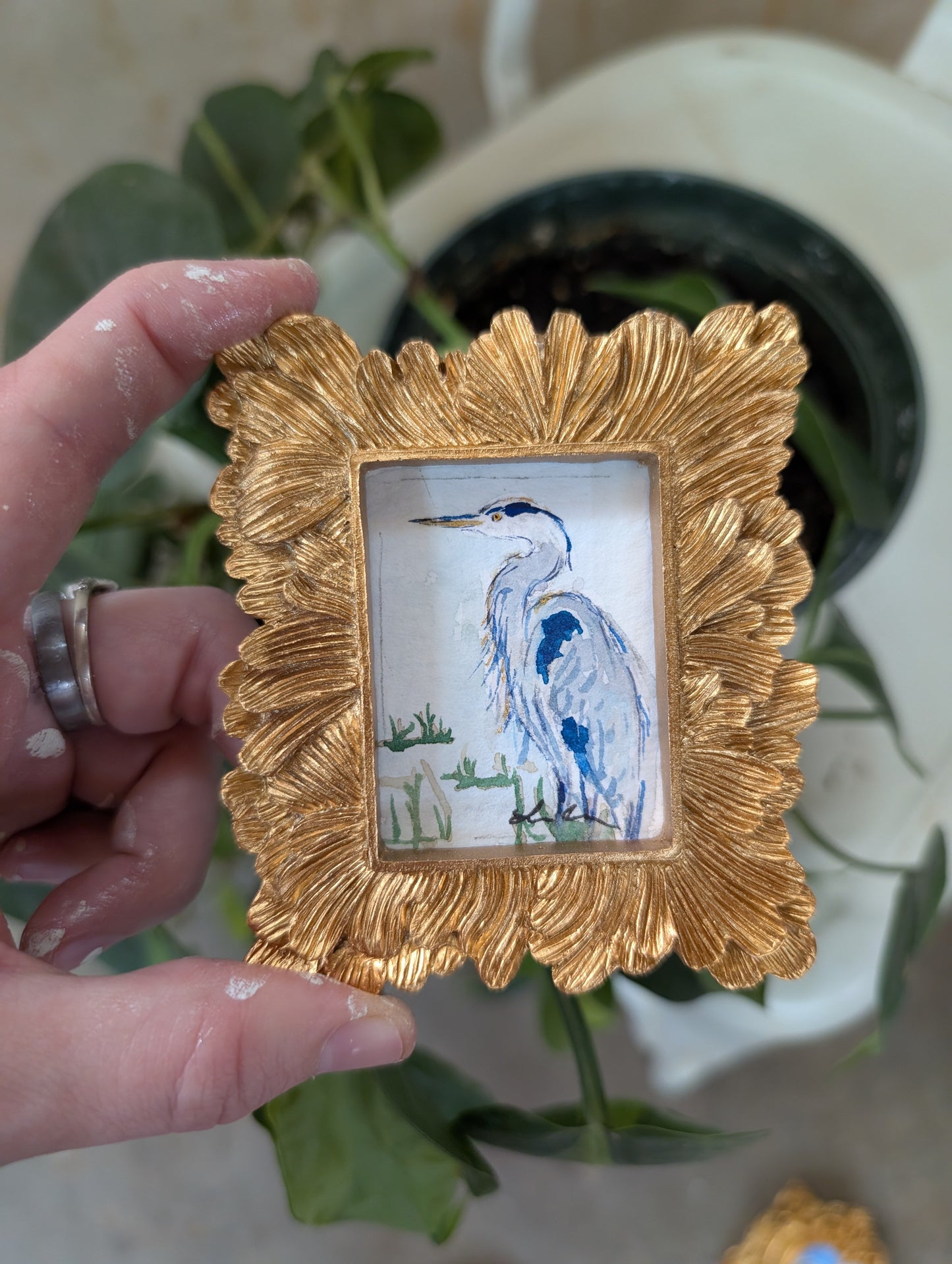 Mini Blue Heron Painting - Original Watercolor Art by Lora Cavallin