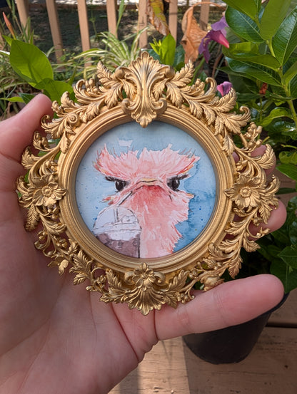Ostrich and Ice Coffee — Round Framed Art Print