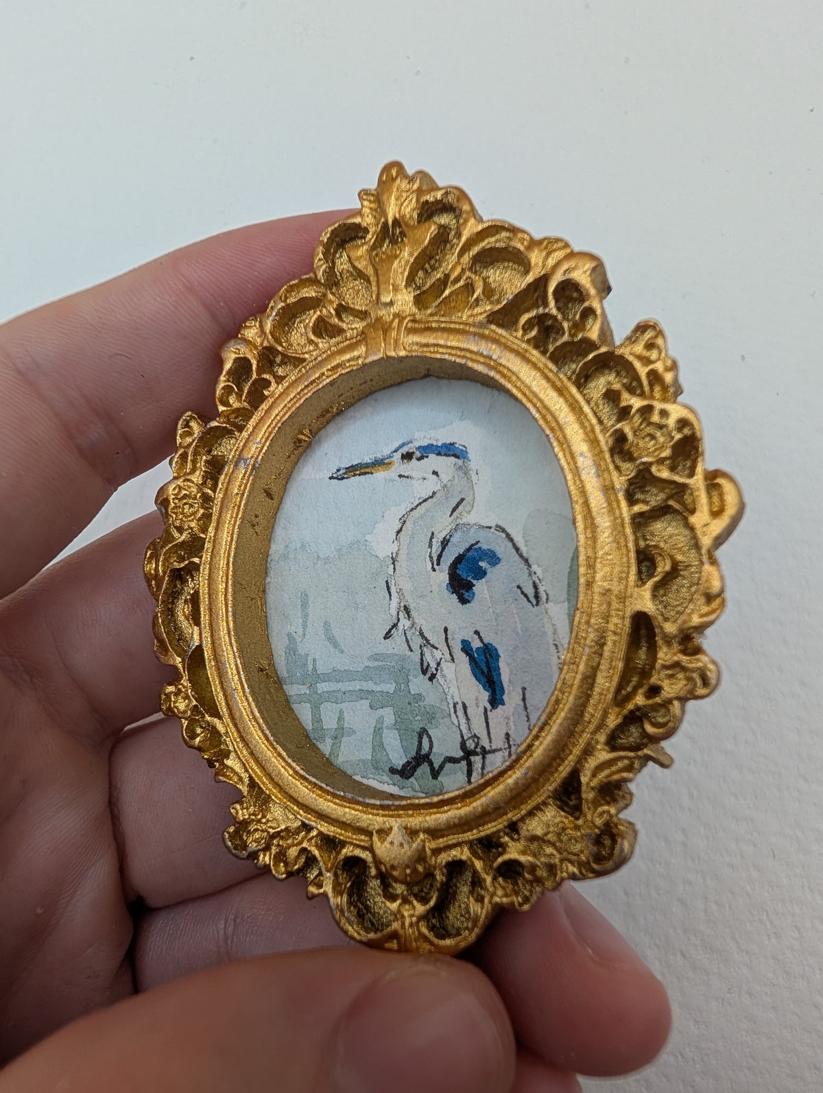 Mini Blue Heron Painting - Original Watercolor Art by Lora Cavallin