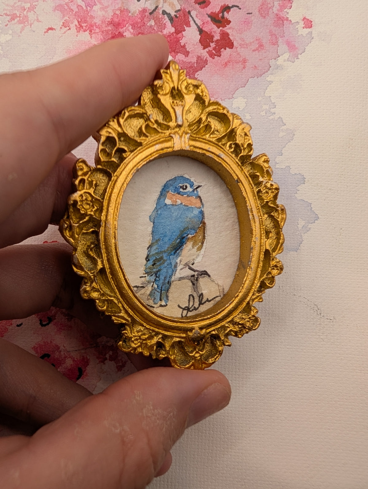 Mini Bluebird Painting - Original Watercolor Art by Lora Cavallin