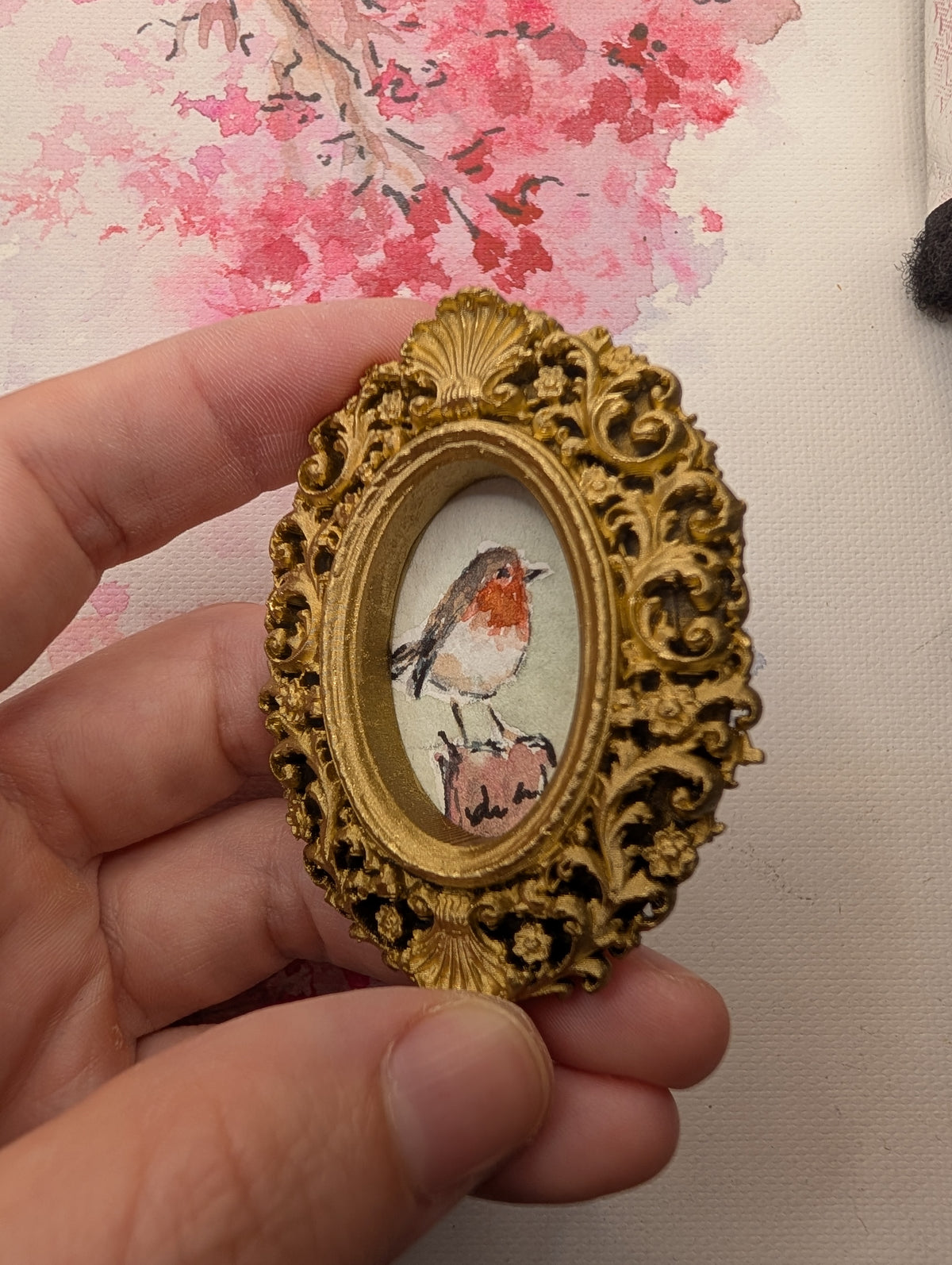 Mini Robin Bird Painting - Original Watercolor Art by Lora Cavallin