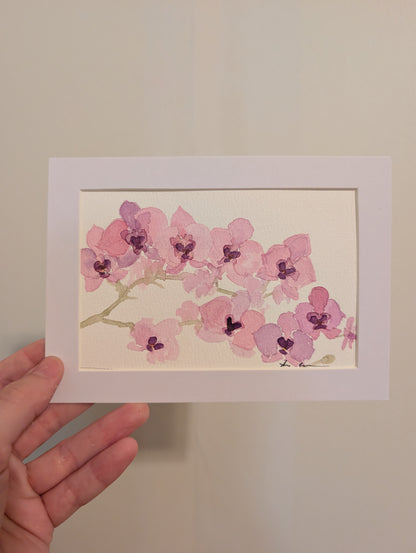 Orchid Flowers Watercolor Painting - 4 x 6" - No Frame, Comes with Mat - Art by Lora Cavallin