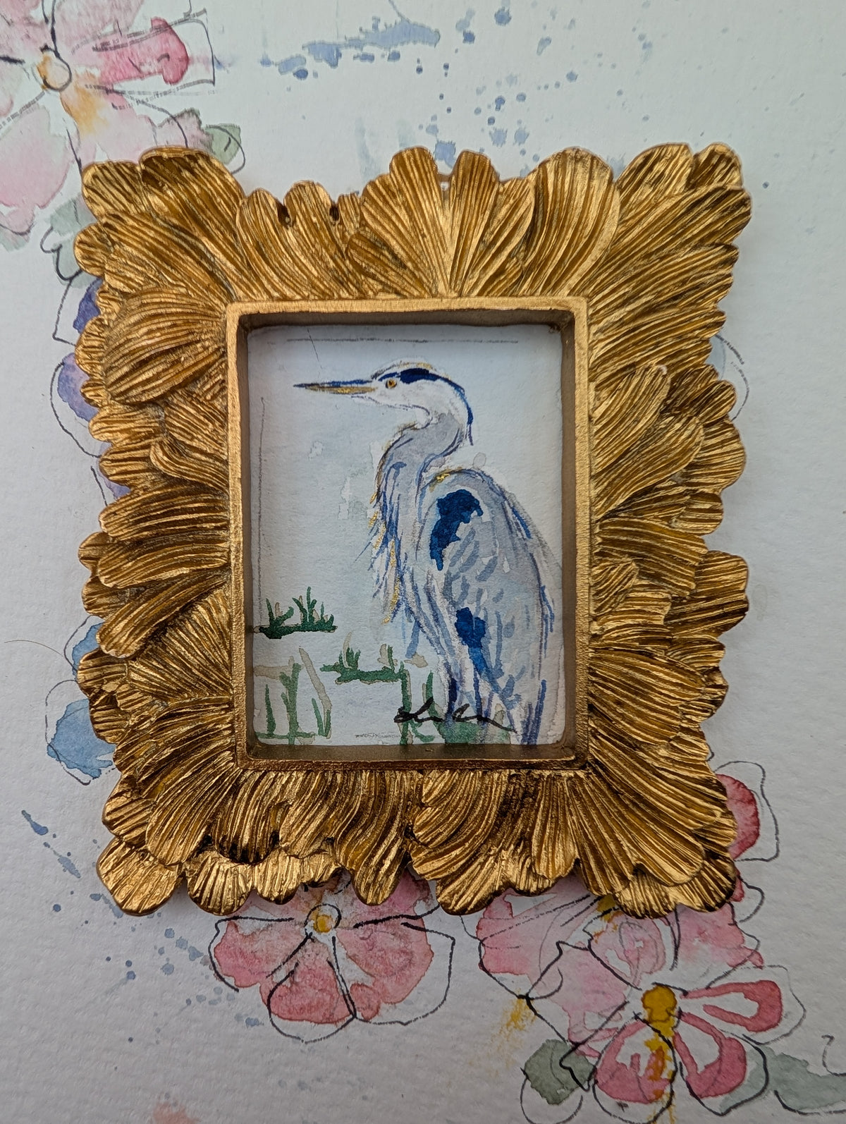 Mini Blue Heron Painting - Original Watercolor Art by Lora Cavallin