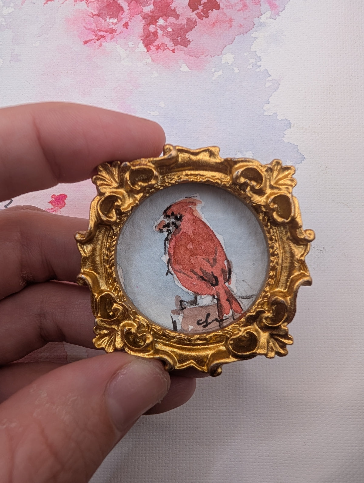 Mini Cardinal Bird Painting - Original Watercolor Art by Lora Cavallin