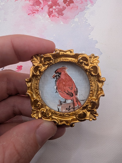 Mini Cardinal Bird Painting - Original Watercolor Art by Lora Cavallin