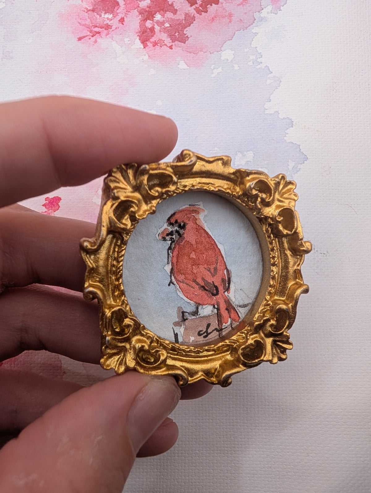 Mini Cardinal Bird Painting - Original Watercolor Art by Lora Cavallin