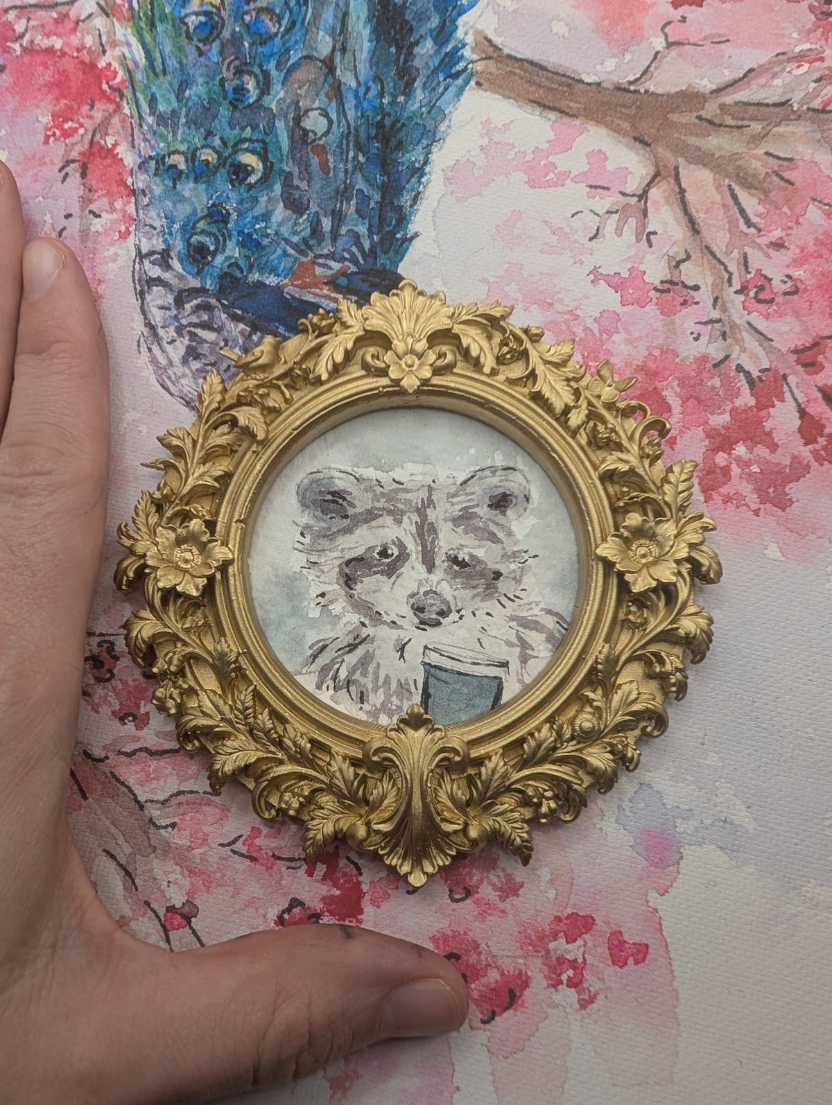 Mini Raccoon with Coffee Painting - Original Watercolor Art by Lora Cavallin