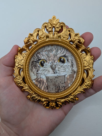 Mini Owl with Iced Drink Painting - Original Watercolor Art by Lora Cavallin