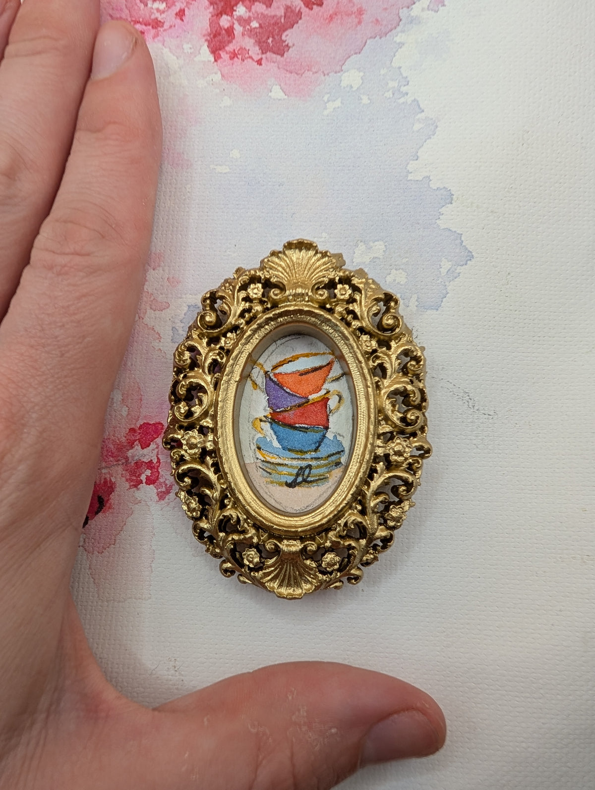 Mini Stack of Teacups Painting - Original Watercolor Art by Lora Cavallin