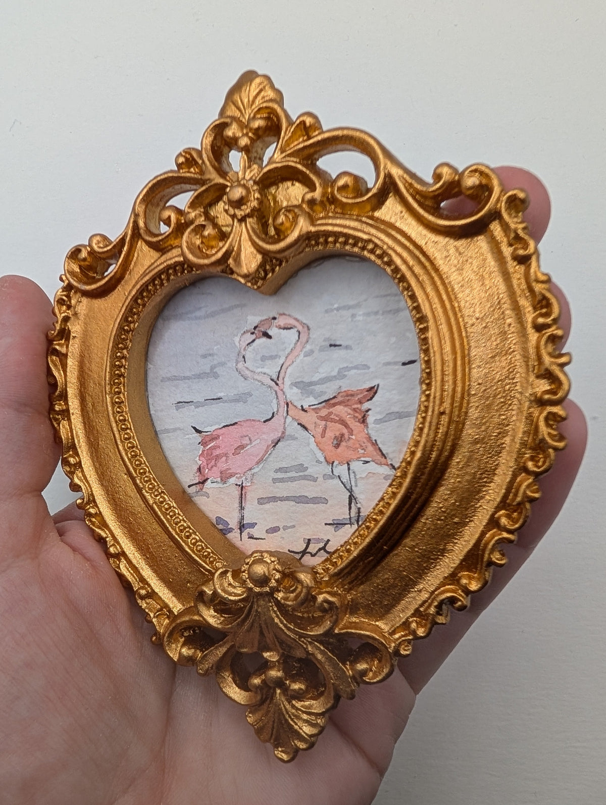 Mini Flamingos in Love Painting - Original Watercolor Art by Lora Cavallin