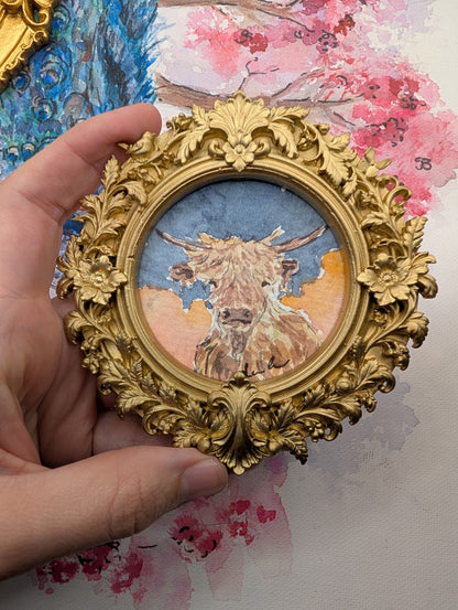 Mini Highland Cow Painting - Original Watercolor Art by Lora Cavallin