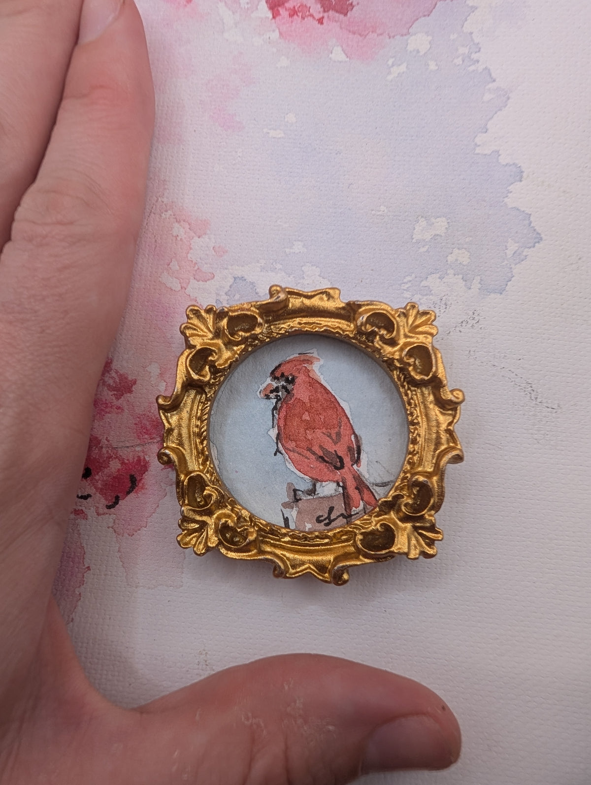 Mini Cardinal Bird Painting - Original Watercolor Art by Lora Cavallin