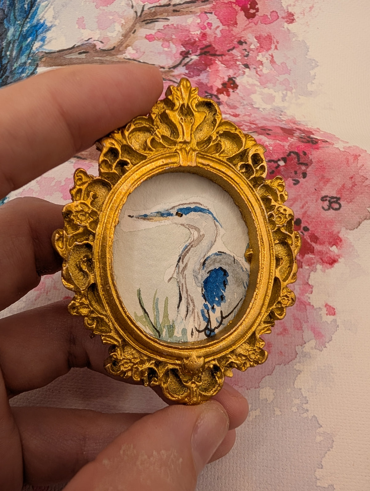 Mini Blue Heron Painting - Original Watercolor Art by Lora Cavallin