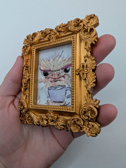 Mini Ostrich with Glasses and Mug Painting - Original Watercolor Art by Lora Cavallin