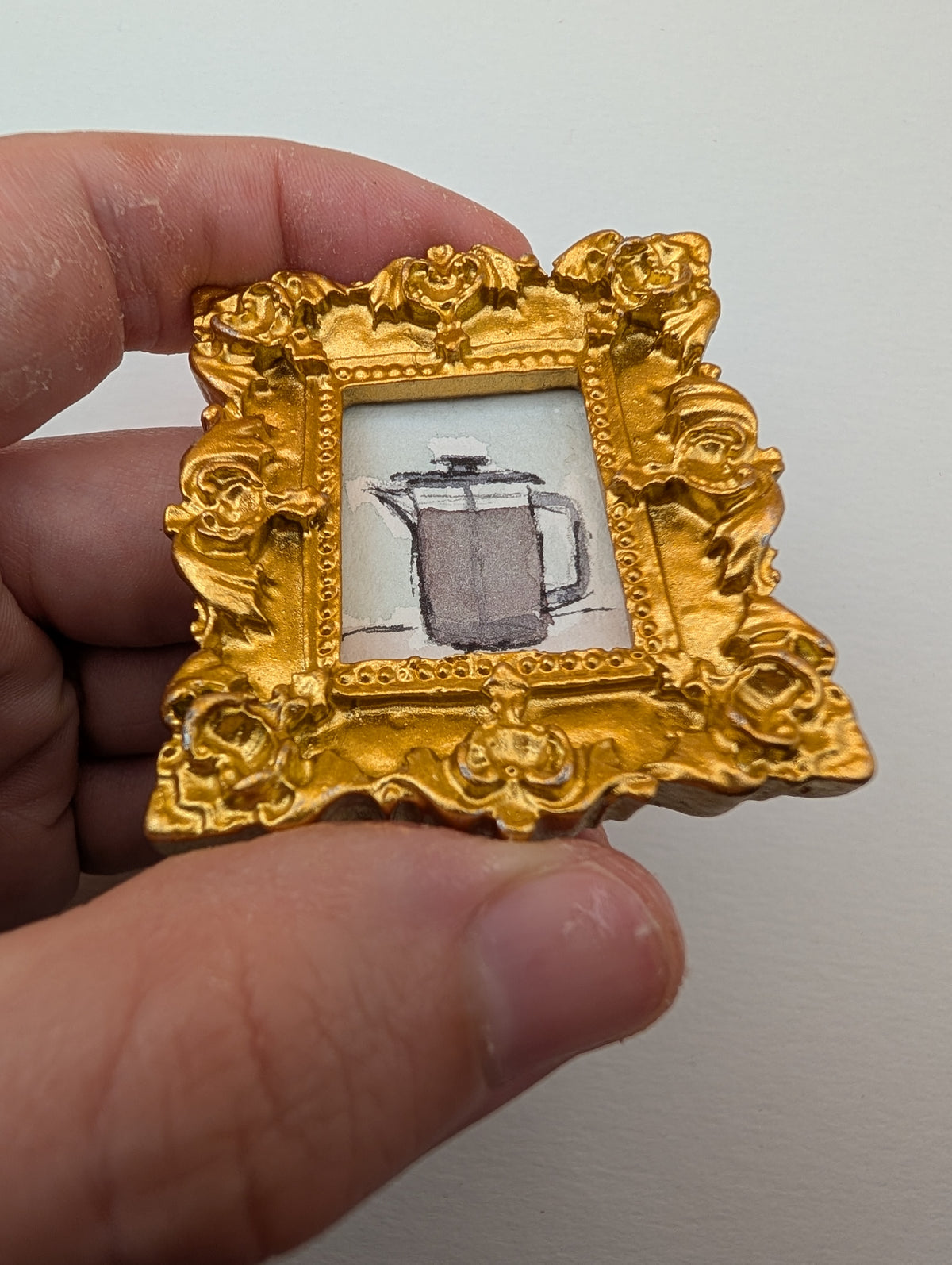 Mini French Press Coffee Painting - Original Watercolor Art by Lora Cavallin