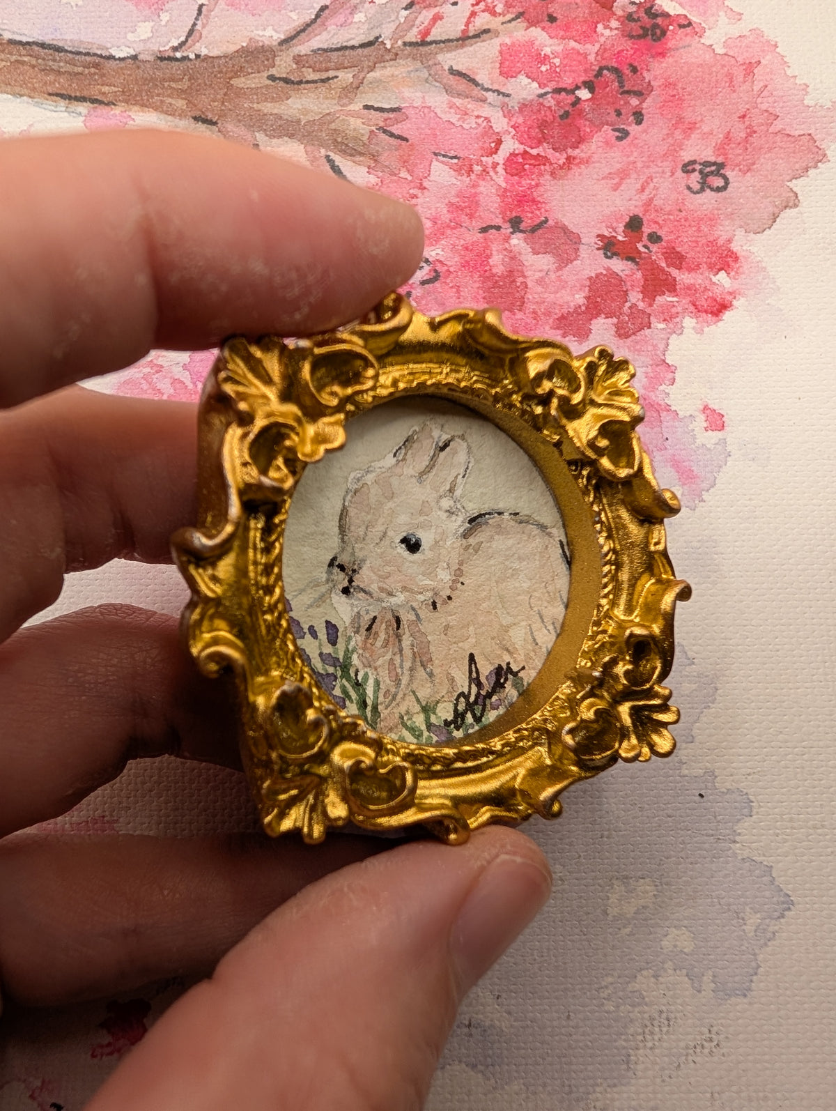 Mini Baby Bunny Painting - Original Watercolor Art by Lora Cavallin