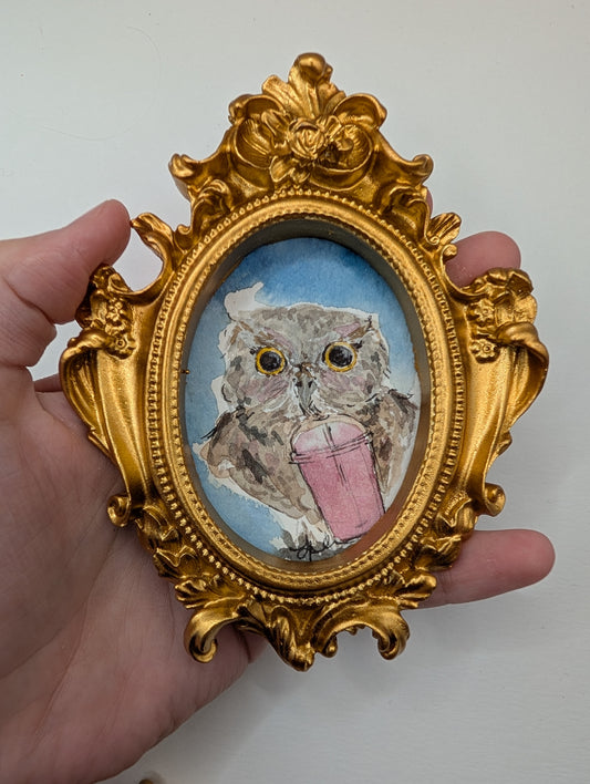 Mini Owl with Iced Drink Painting - Original Watercolor Art by Lora Cavallin