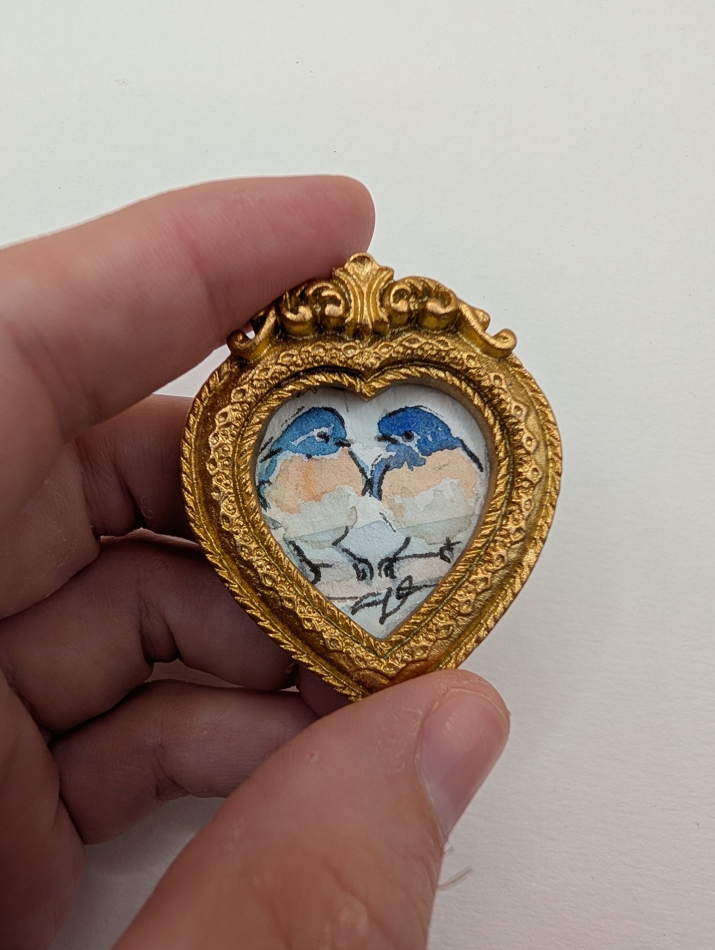 Mini Bluebirds in Love Painting - Original Watercolor Art by Lora Cavallin