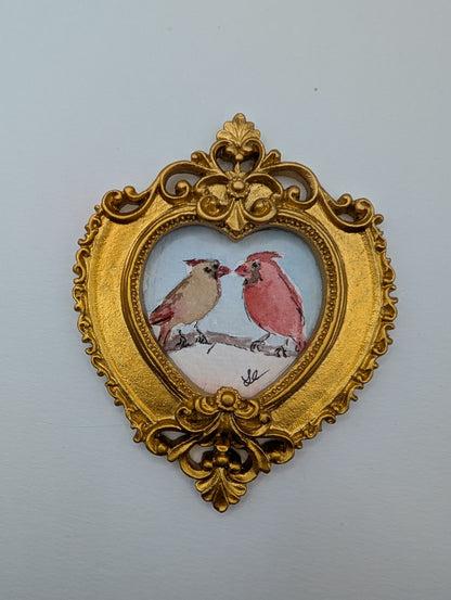 Mini Male and Female Cardinal Birds Painting - Original Watercolor Art by Lora Cavallin