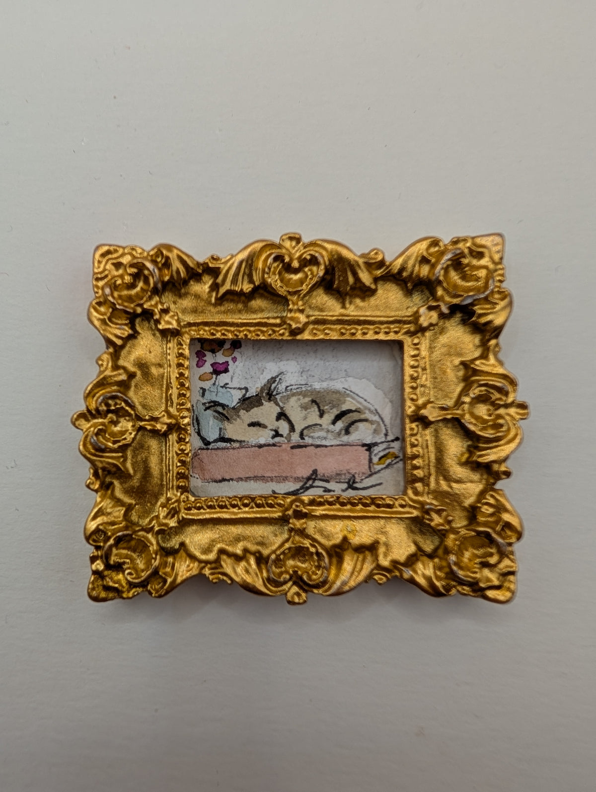 Mini Sleeping Cat Painting - Original Watercolor Art by Lora Cavallin