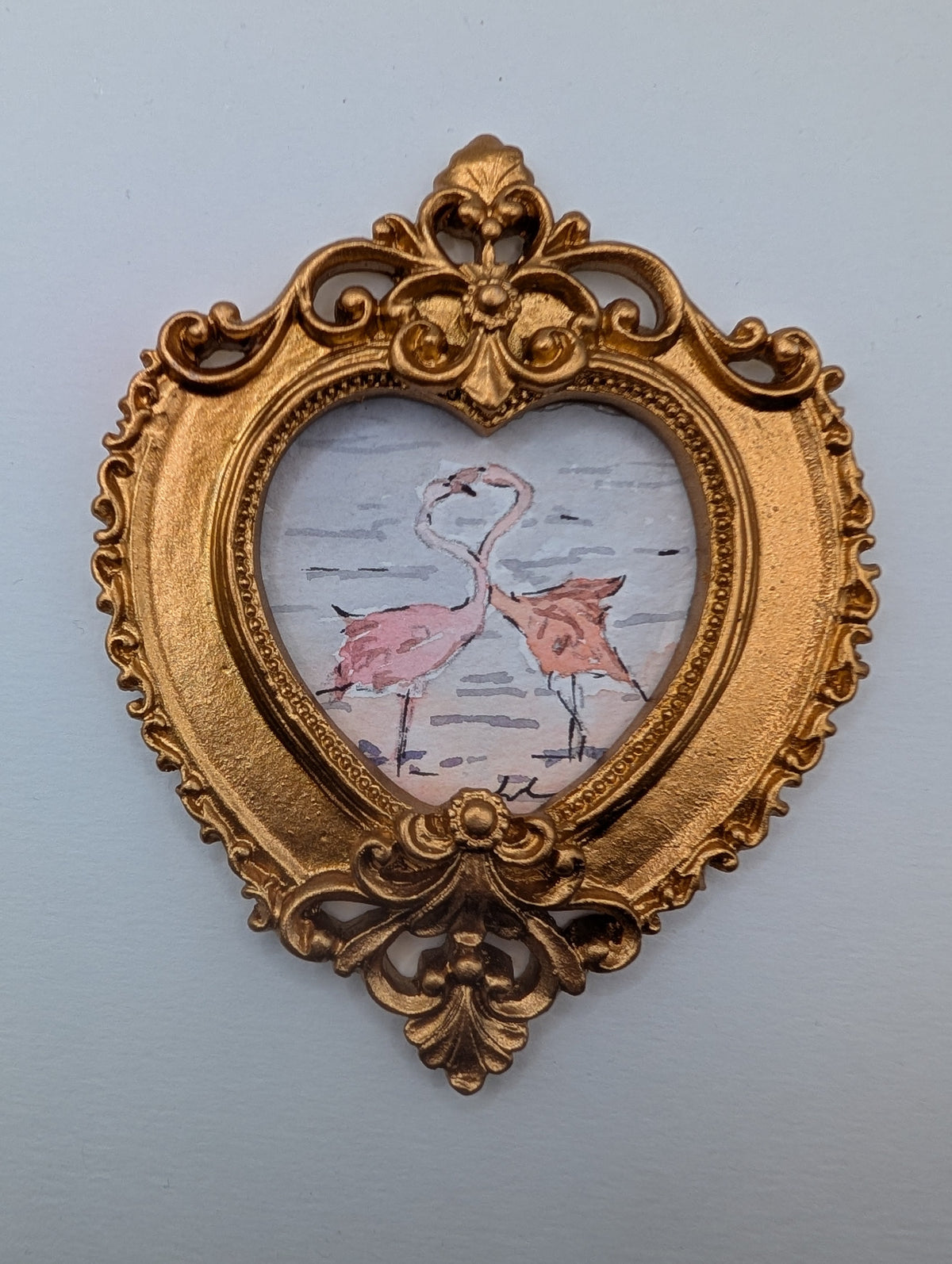 Mini Flamingos in Love Painting - Original Watercolor Art by Lora Cavallin