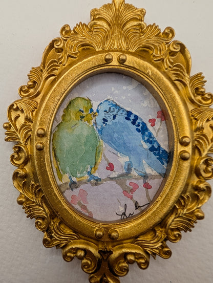 Mini Parakeet Birds in Love Painting - Original Watercolor Art by Lora Cavallin