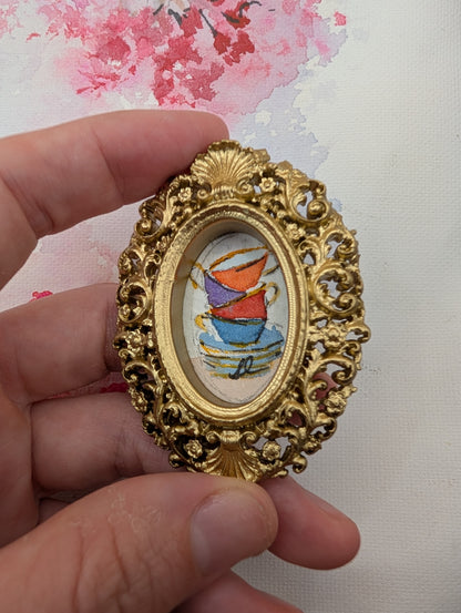 Mini Stack of Teacups Painting - Original Watercolor Art by Lora Cavallin