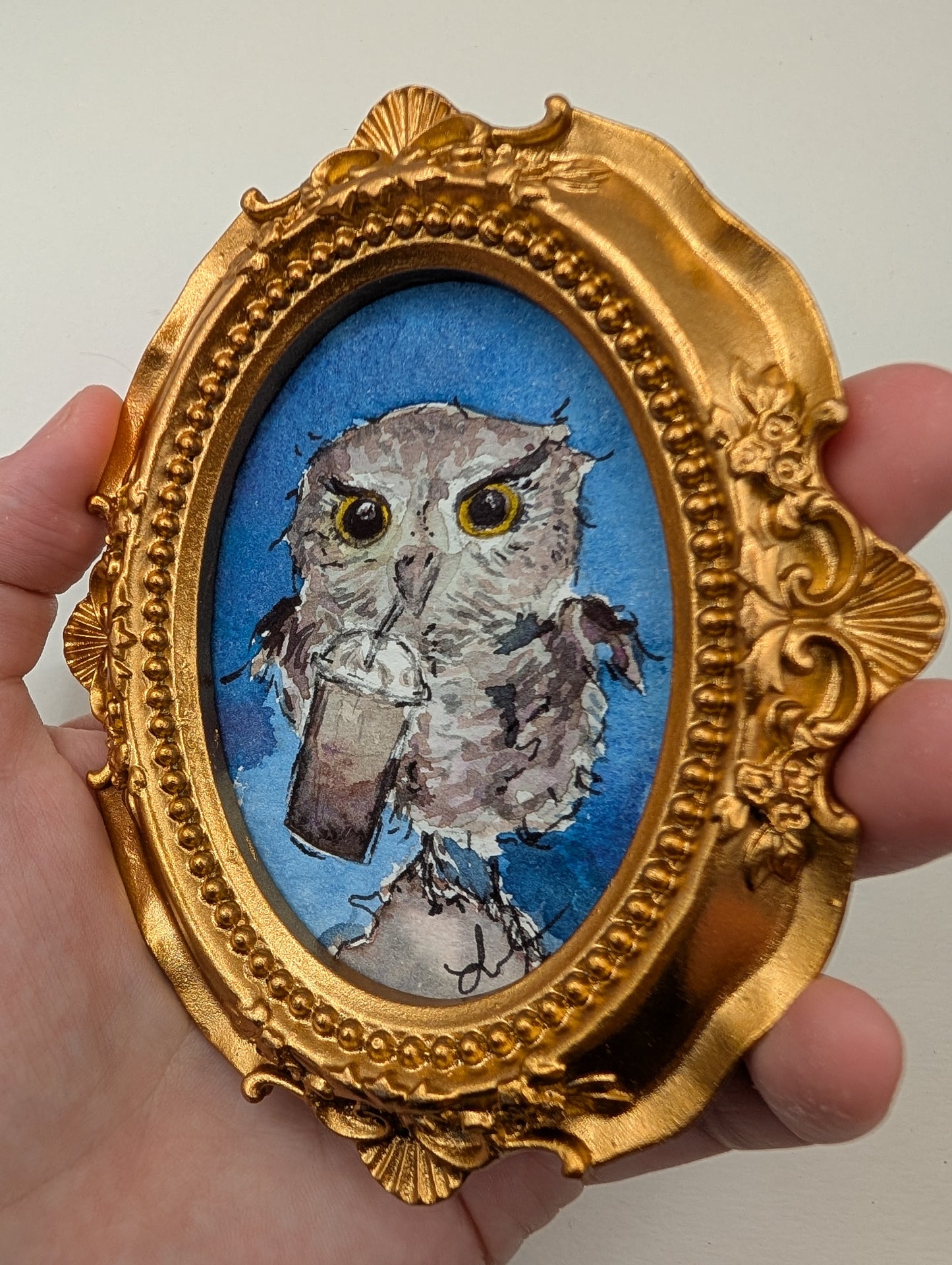 Mini Owl with Frozen Coffee Painting - Original Watercolor Art by Lora Cavallin