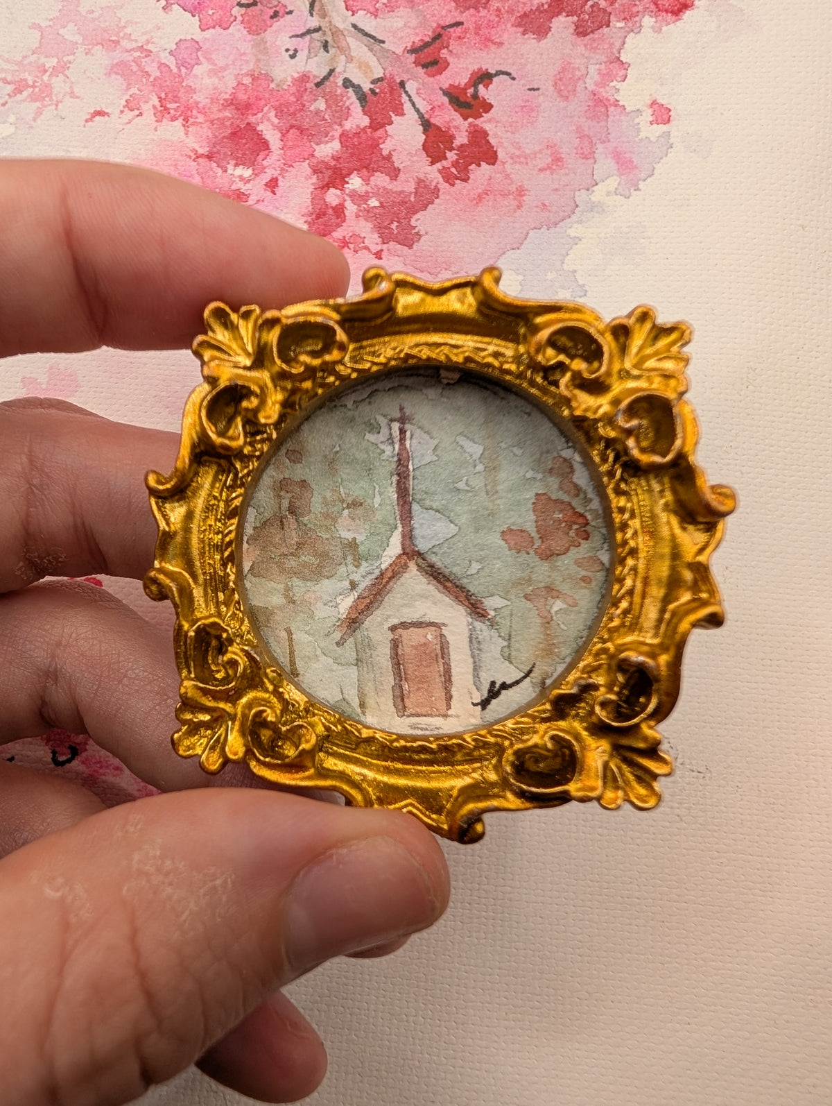 Mini Church Painting - Original Watercolor Art by Lora Cavallin