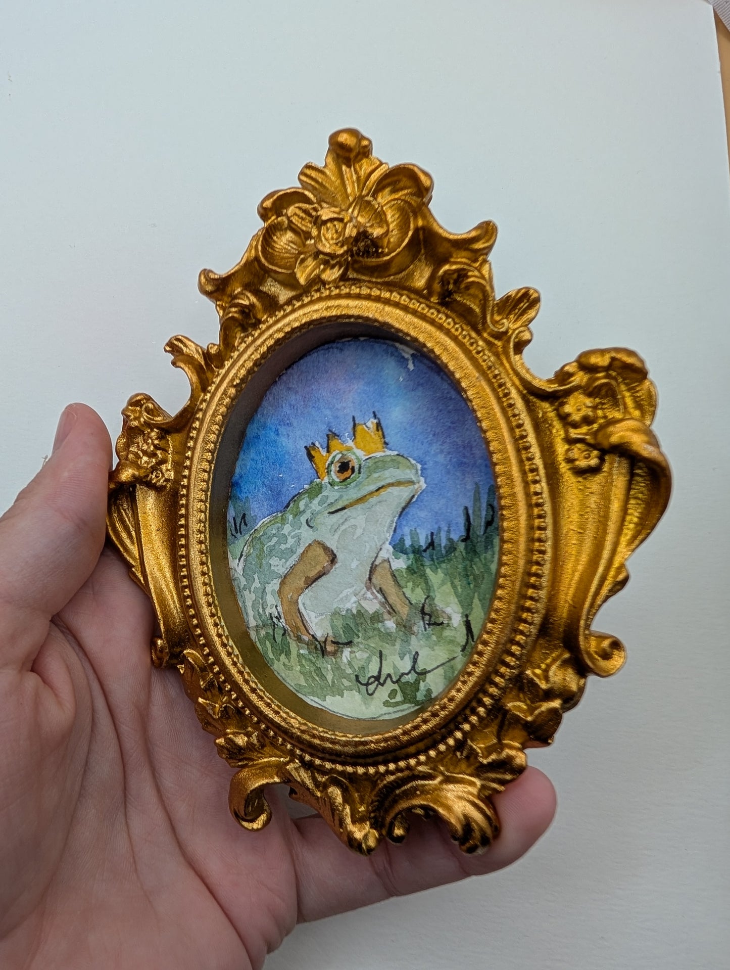 Mini Frog Royalty Painting - Original Watercolor Art by Lora Cavallin