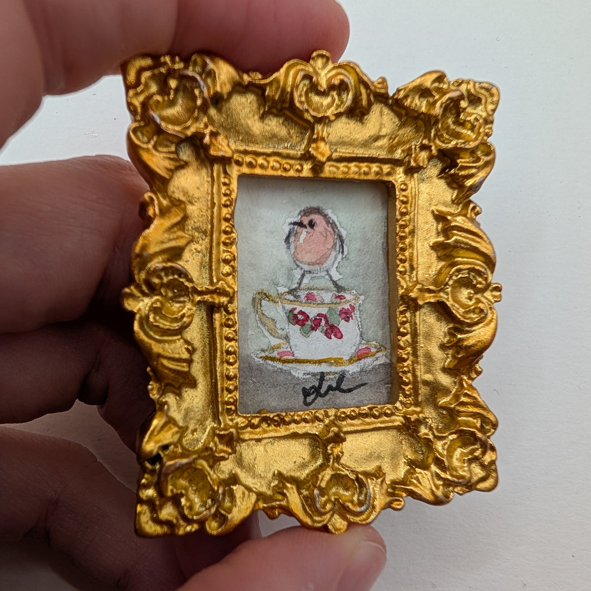 Mini Robin Bird on Teacup Painting - Original Watercolor Art by Lora Cavallin
