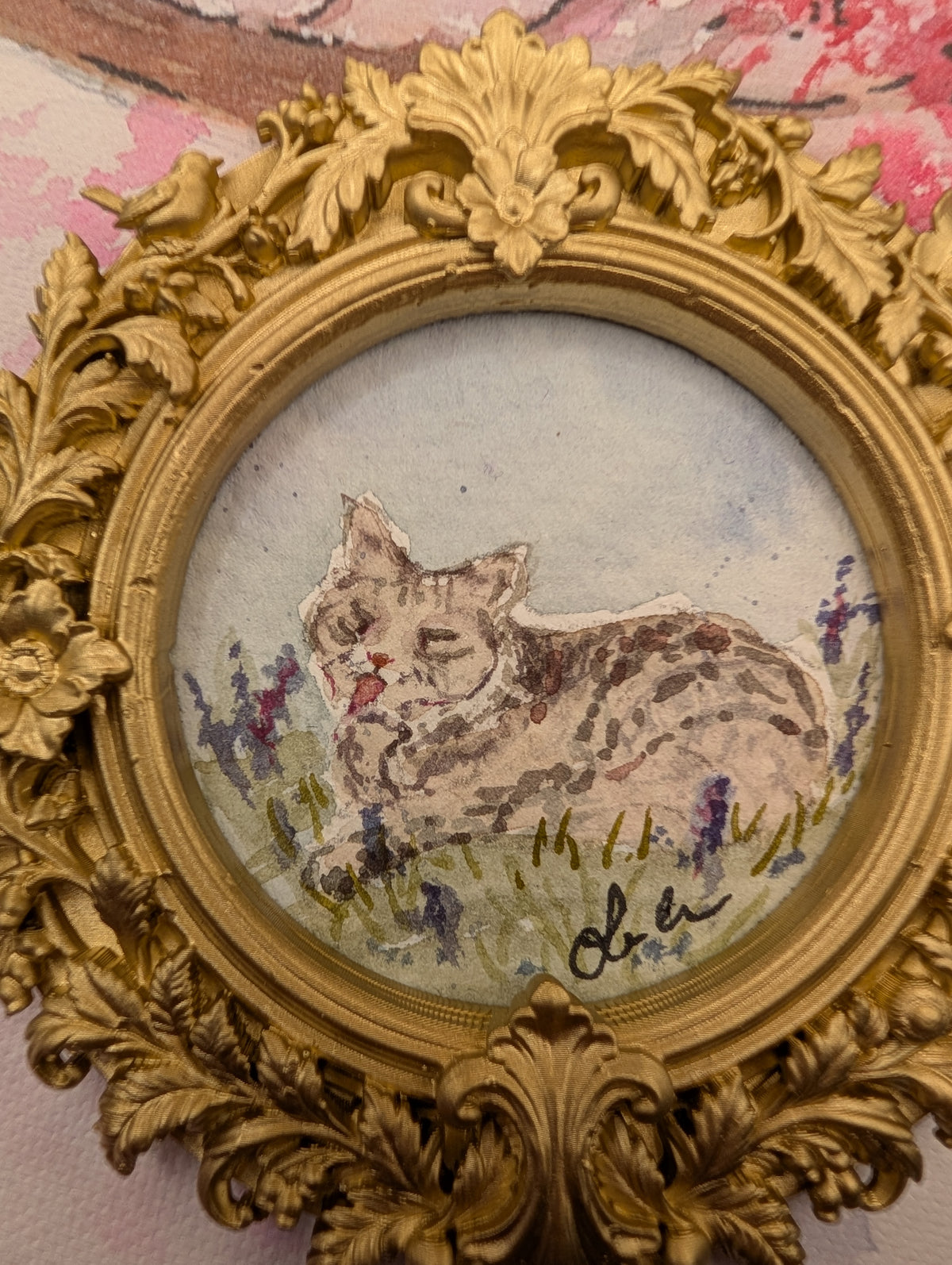 Mini Cat in Field Painting - Original Watercolor Art by Lora Cavallin