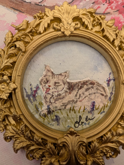 Mini Cat in Field Painting - Original Watercolor Art by Lora Cavallin