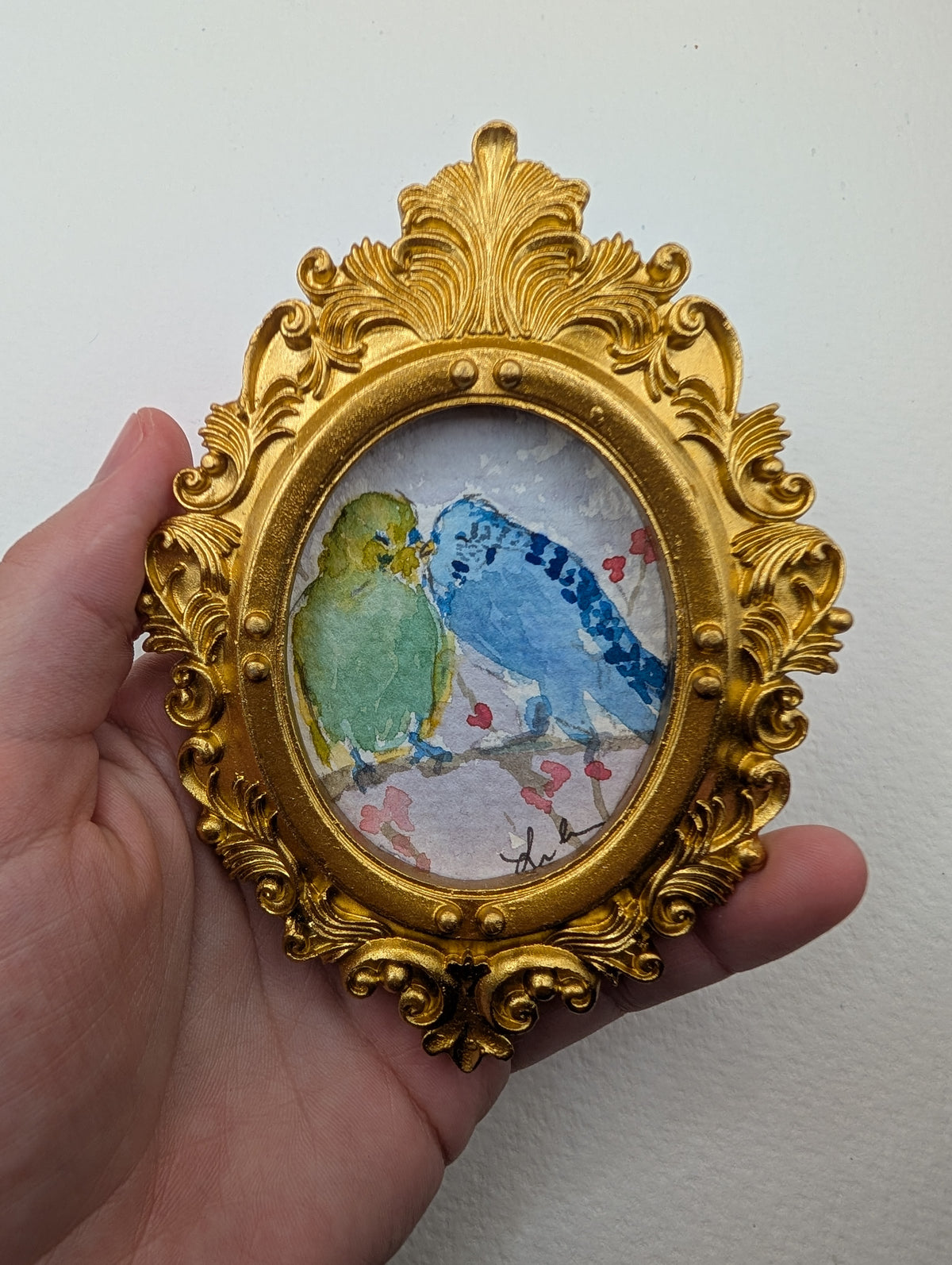 Mini Parakeet Birds in Love Painting - Original Watercolor Art by Lora Cavallin