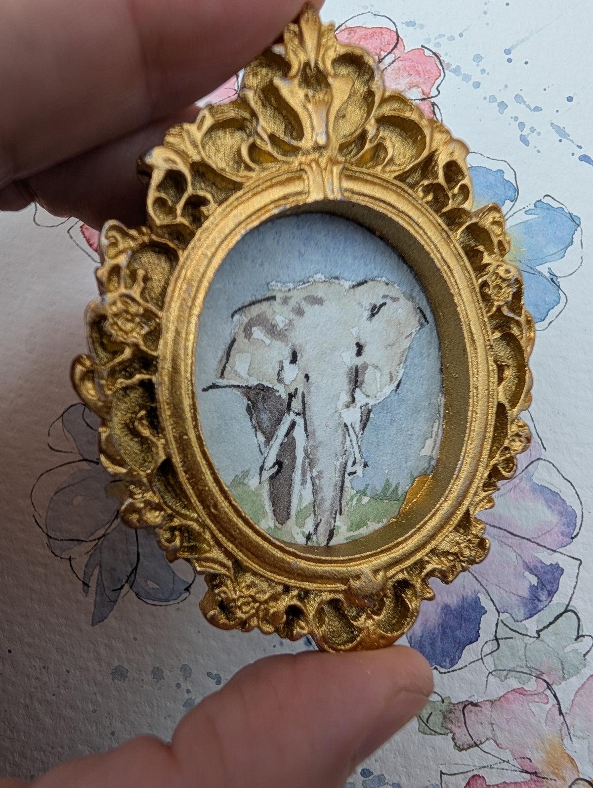Mini Elephant Painting - Original Watercolor Art by Lora Cavallin