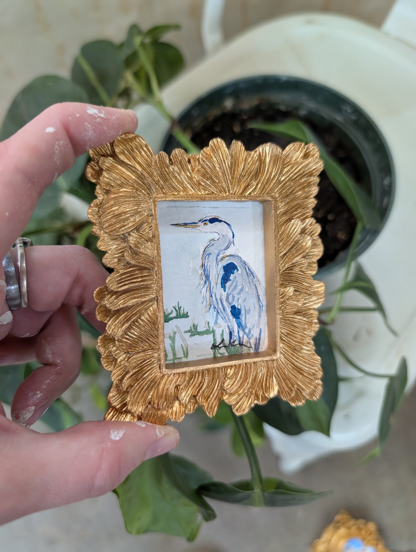 Mini Blue Heron Painting - Original Watercolor Art by Lora Cavallin