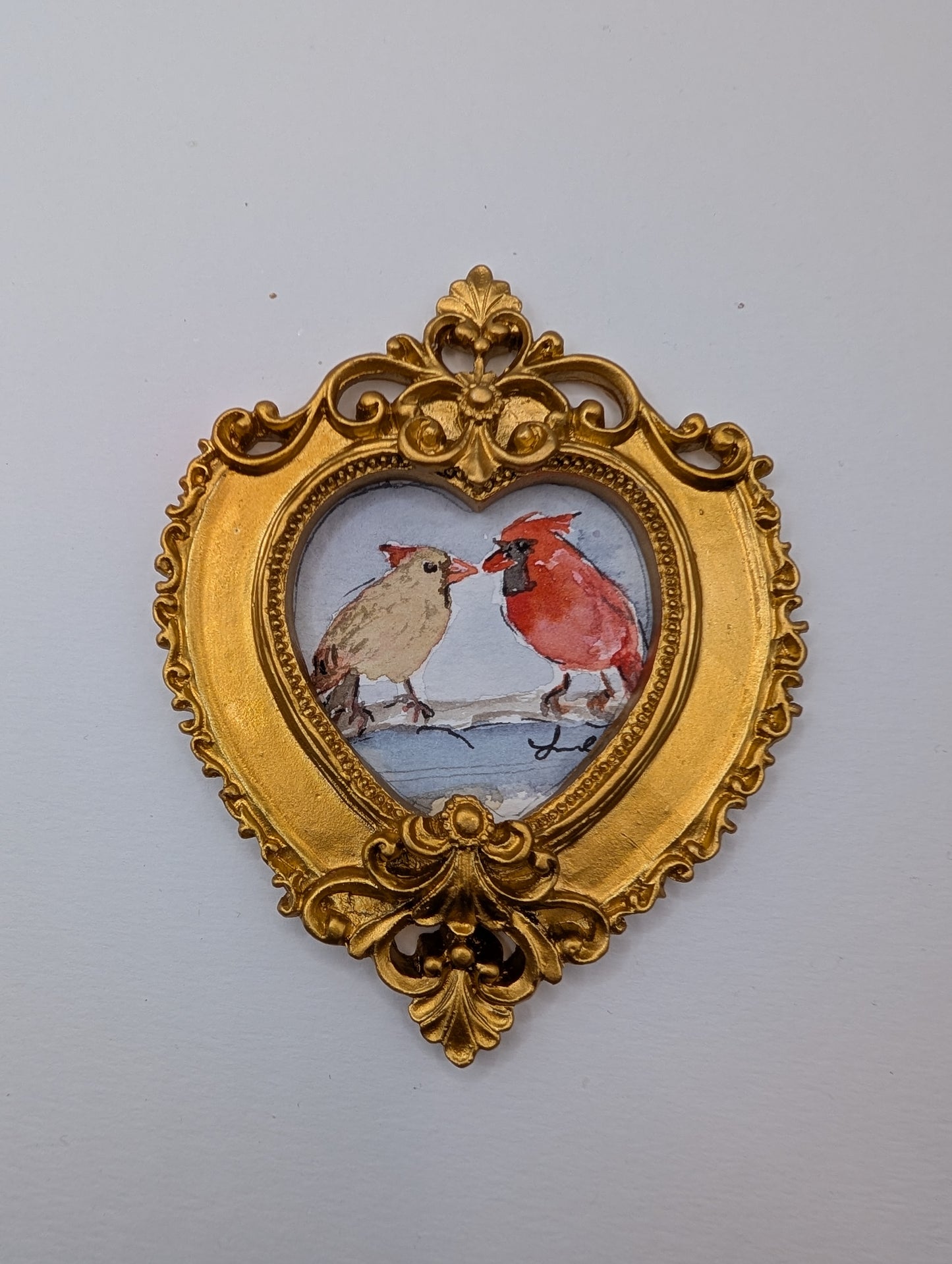 Mini Male and Female Cardinal Birds Painting - Original Watercolor Art by Lora Cavallin
