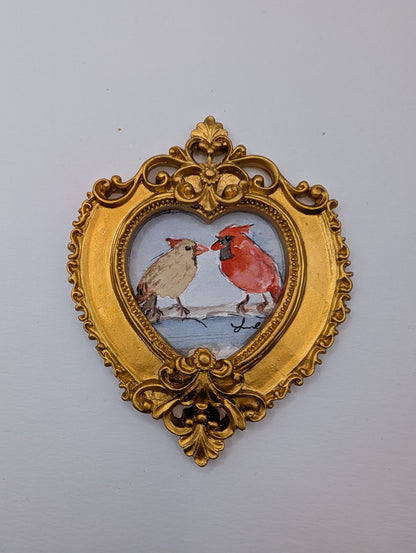 Mini Male and Female Cardinal Birds Painting - Original Watercolor Art by Lora Cavallin
