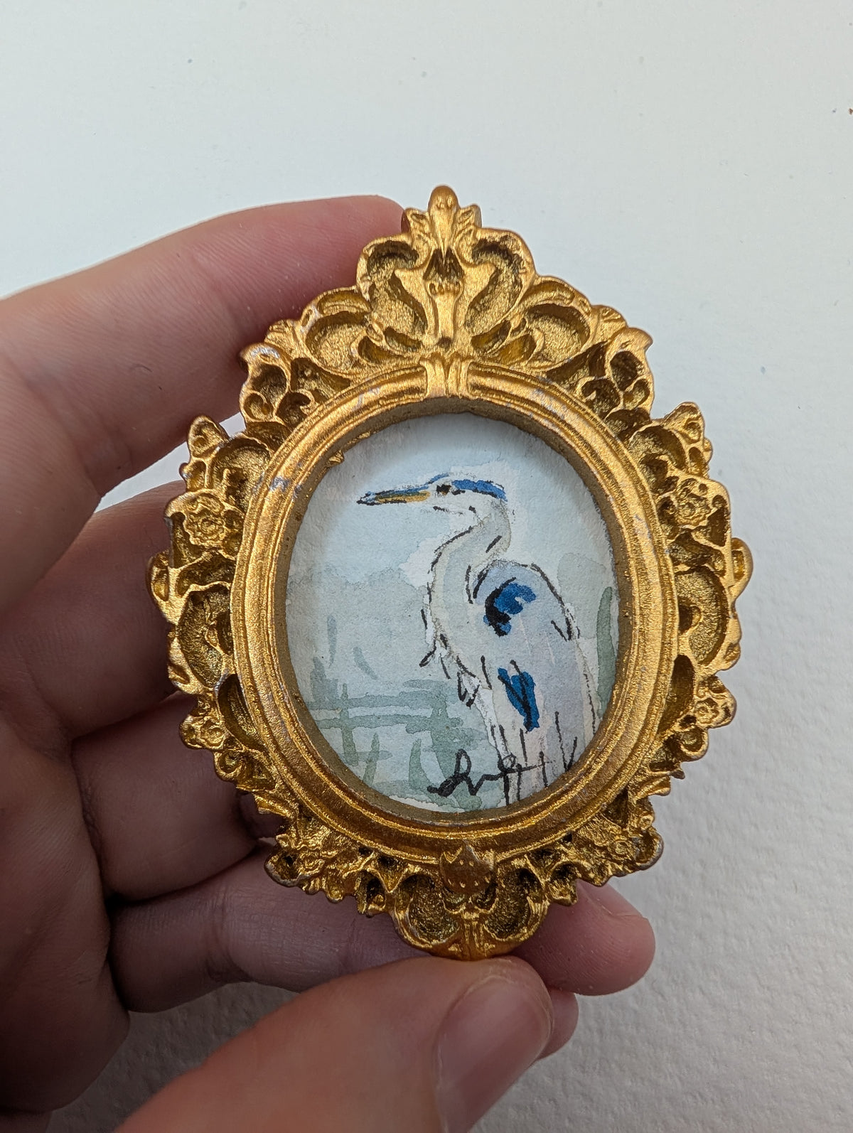 Mini Blue Heron Painting - Original Watercolor Art by Lora Cavallin