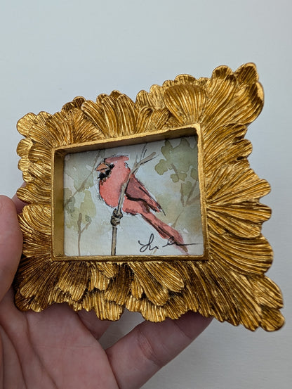 Mini Cardinal Bird Painting - Original Watercolor Art by Lora Cavallin
