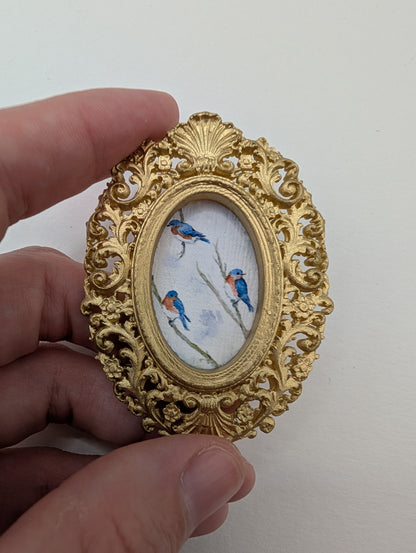 Tiny Bluebirds in Tree Watercolor Art Print - Dollhouse Size - With Gold Frame