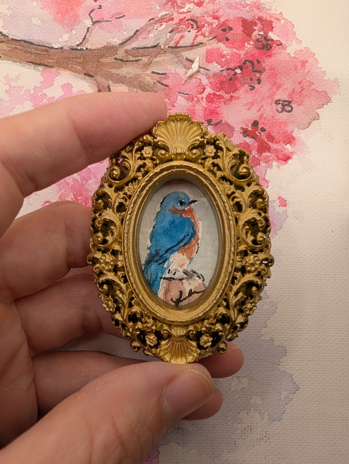 Mini Bluebird Painting - Original Watercolor Art by Lora Cavallin