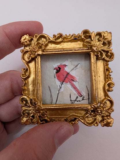 Mini Cardinal Bird Painting - Original Watercolor Art by Lora Cavallin
