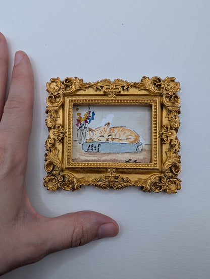 Mini Sleeping Cat Painting - Original Watercolor Art by Lora Cavallin