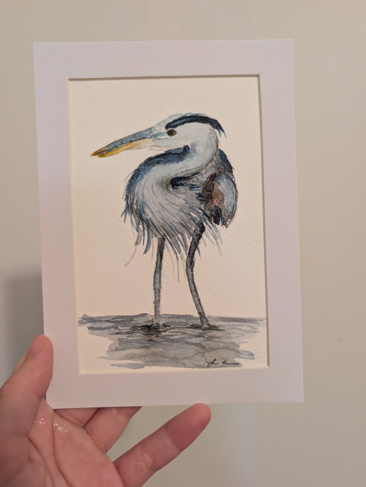 Great Blue Heron Watercolor Painting - 4 x 6" - No Frame, Comes with Mat - Original Art by Lora Cavallin