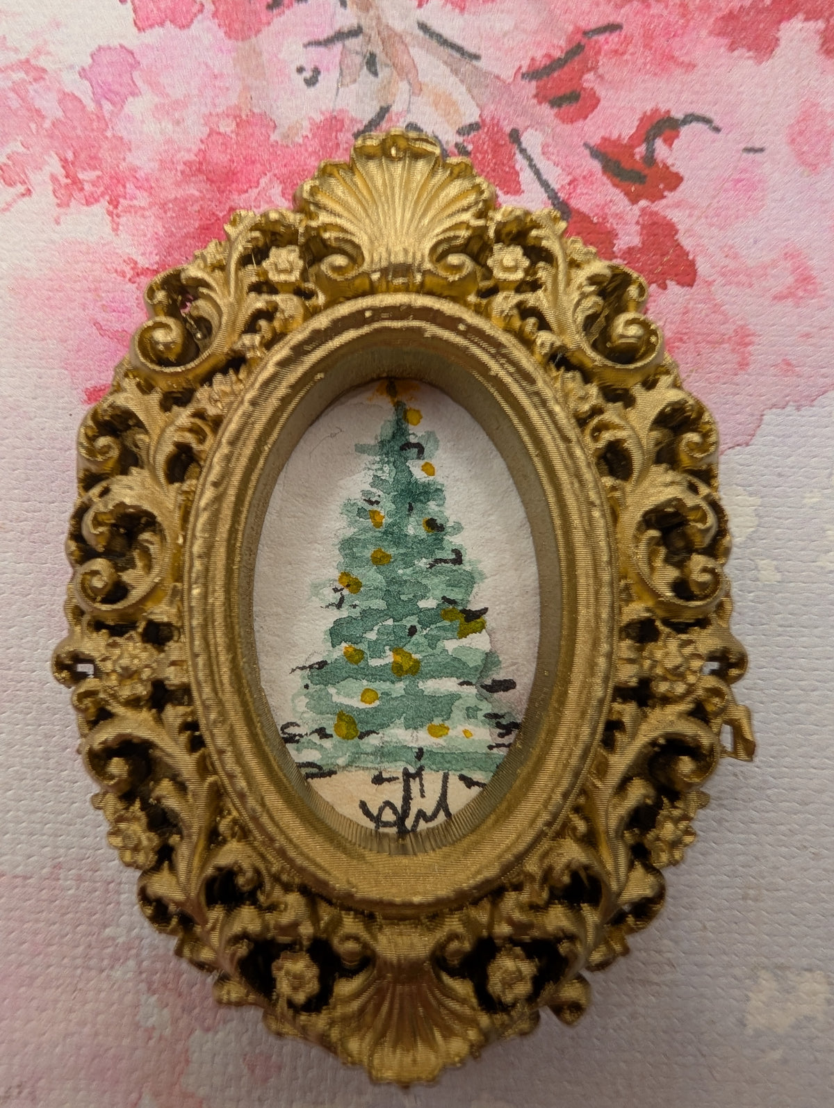 Mini Christmas Tree Painting - Original Watercolor Art by Lora Cavallin