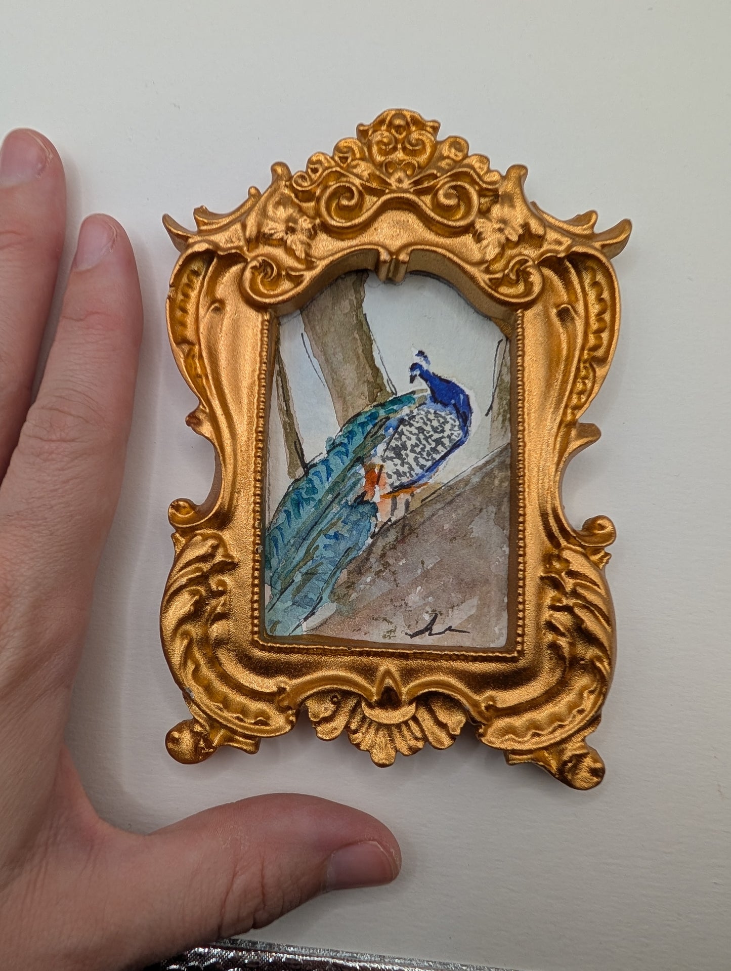 Mini Peacock Painting - Original Watercolor Art by Lora Cavallin