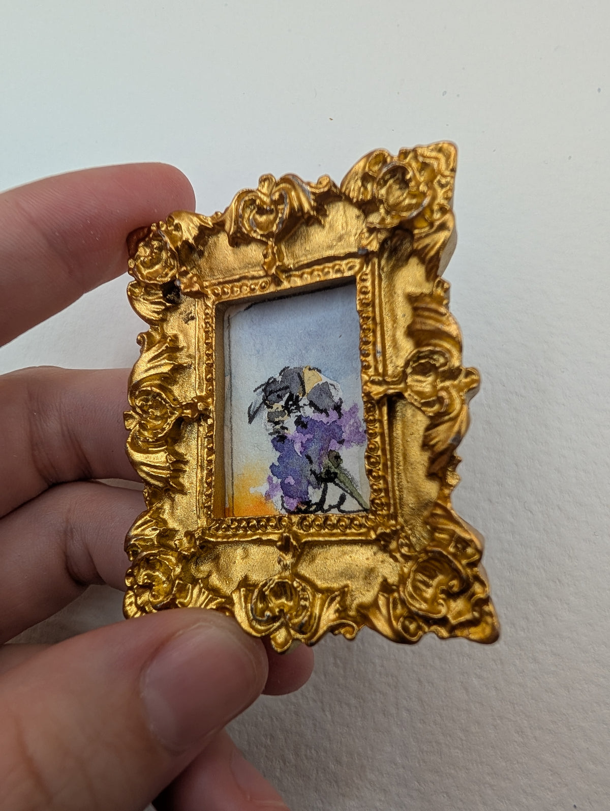 Mini Bee on Flower Painting - Original Watercolor Art by Lora Cavallin