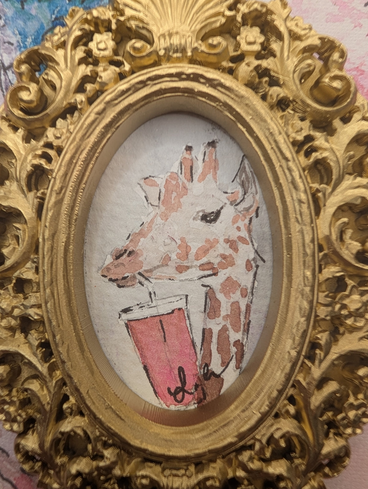 Mini Giraffe with Pink Drink Painting - Original Watercolor Art by Lora Cavallin