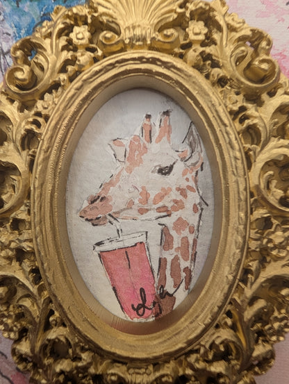 Mini Giraffe with Pink Drink Painting - Original Watercolor Art by Lora Cavallin